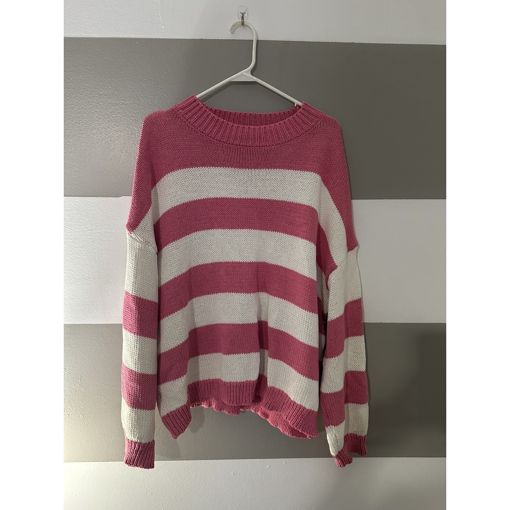 PrettyGarden Pink and White Striped Knit Sweater XLarge